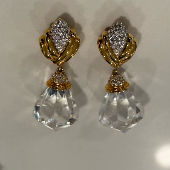 St. John Clip on Elegant Gold and Silver Crystal Drop Earrings